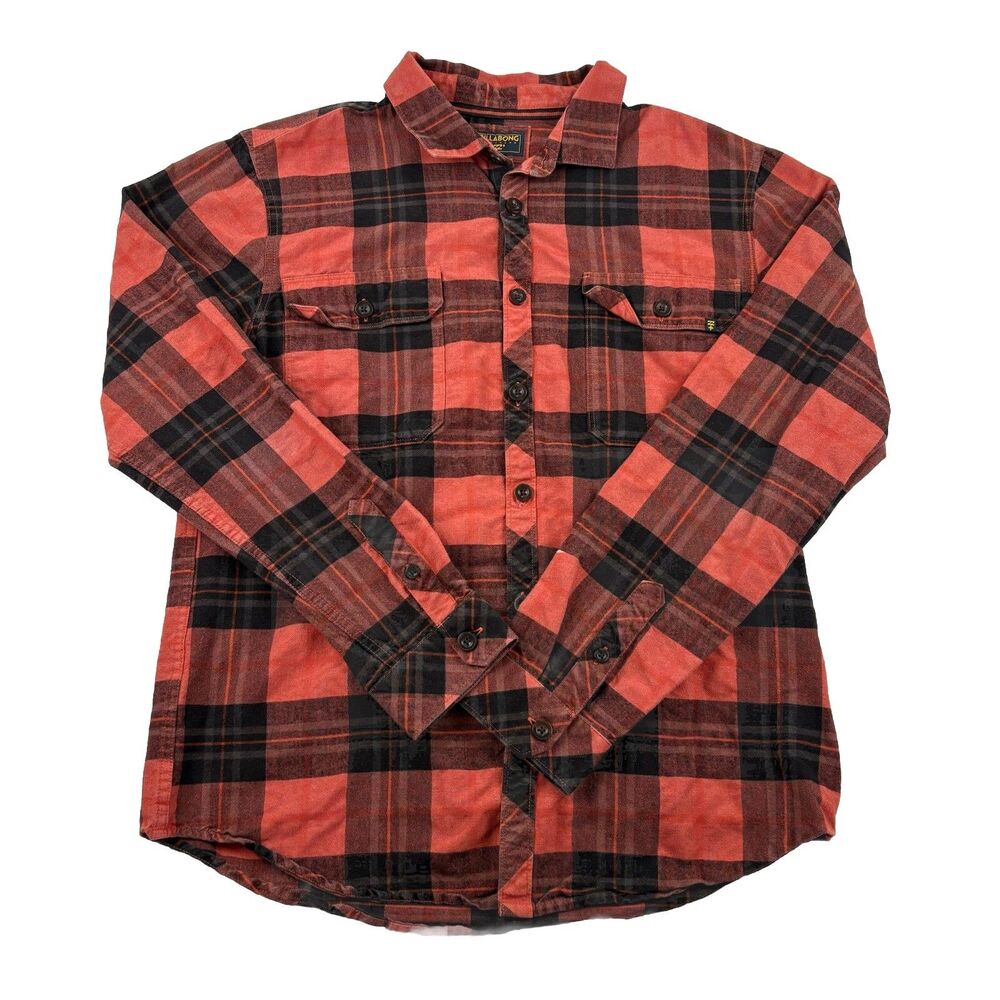 Billabong Surfplus Button Up Flannel Shirt Mens M Plaid Red Long Sleeve
